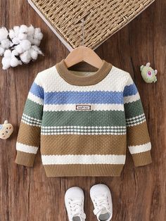 Sweaters Baby Boy Knitted Pullover Round Neck Thickened Sweater Long Sleeve Warm Color Blocking Striped Fashion Baby Boy Girl Casual Daily Outfitting Vacation Autumn Winter Green Blue White Brown Patchwork Suitable For Autumn Winter Suitable For Home Suitable For Outgoing Suitable For Vacation Multicolor   Long Sleeve Knitwear Geometric,Letter Pullovers Slight Stretch  Baby Boys Clothing, size features are:Bust: ,Length: ,Sleeve Length: Crochet Sweaters For Boys, Crochet Sweater Design, Baby Boy Sweater, Winter Green, Baby Sweater Patterns, Pull Bebe, Baby Boy Knitting, Boys Knits, Boys Sweaters