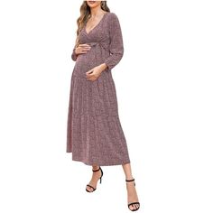 Maternity Dress Women's V-Neck Long Sleeve High Waist Print Tiered Ruffle Hem Maxi Dress with Belt for Baby Shower Wineleopard M Maternity Wedding Guest, Flowy Dress Photography, Short Maternity Dress, Maternity Dresses Casual, Maxi Dress With Belt, Long Sleeve Maternity Dress, Boho Sundress, Dresses Maternity, Maternity Dresses Summer