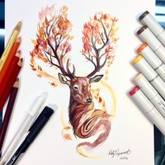 a drawing of a deer with autumn leaves on it's antlers, surrounded by crayons