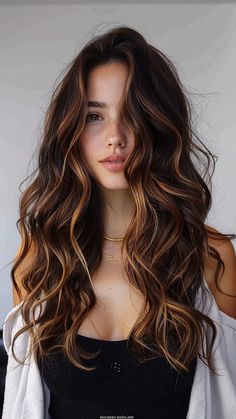 Balayage Brunette Natural Wavy Hair, Warm Olive Skin Tone Hair Color, Summer Hair Color For Dark Hair, Hair Colours For Brown Skin Indian, Brown Hair With Copper Balayage, Dark Auburn Balayage, Golden Balayage, Cabello Hair