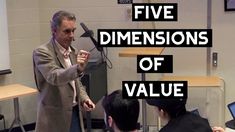 a man standing in front of a microphone with the words five dimensionss of value