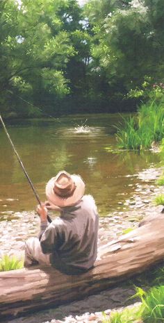 a painting of a man sitting on a log fishing