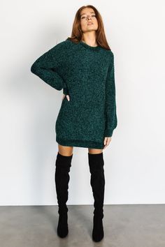 Look your best in our classy sweater dress. Christa comes in an all emerald color with a cute short length skirt! Classy Sweater Dresses, Sweater Dress Boots, Classy Sweater, Crochet Sweater Dress, Green Sweater Dress, Sparkle Sweater, Emerald Green Color, Church Outfits, Maternity Shops