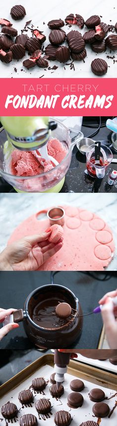 chocolate covered cookies being made with fondant creams and then dipped in melted chocolate