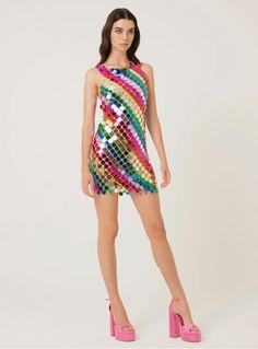 Disc Dress, Rainbow Sequin Dress, Chain Dress, Eve Dresses, Sleeveless Shift Dress, Sequin Mini, Formal Style, Sequin Mini Dress, Rainbow Stripes