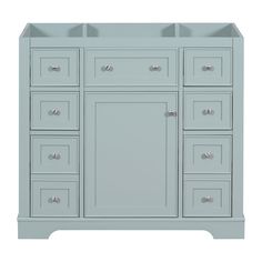 a bathroom vanity with two sinks and drawers on the top, in grey wood finish