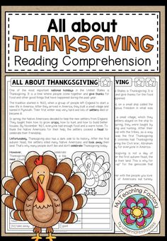 an all about thanksgiving reading and writing competition with turkeys on the page, in front of