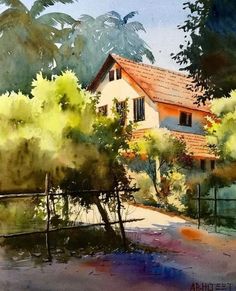 a watercolor painting of a house in the woods