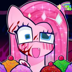 a pink pony with sprinkles holding donuts in front of her face