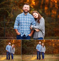 a man and woman standing next to each other in front of a fence with trees