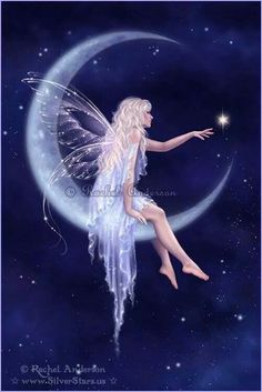 a white fairy sitting on the moon with her hand out to touch the stars in the sky