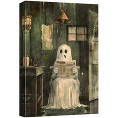 a ghost reading a newspaper while sitting in a chair