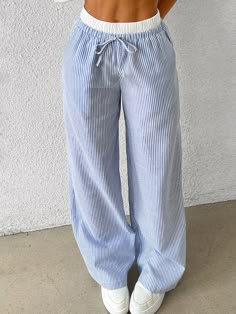 Azul y blanco Casual Collar  Tela tricotada Liso,A rayas Pierna ancha Embellished No-Elástico Y2k Trousers, Chaleco Casual, Junior Pants, Wide Leg Lounge Pants, Feminine Skirt, Striped Wide Leg Pants, Wide Trousers, Baby Pics, Plus Size Pants