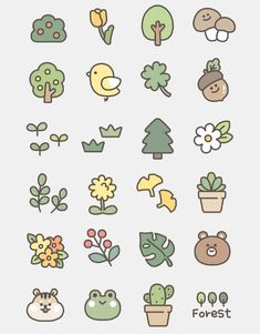 the different kinds of plants and animals are shown in this image, including trees, flowers,