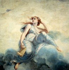 a painting of a woman sitting on top of a cloud covered ground with her hair blowing in the wind