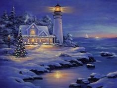 a painting of a lighthouse in the snow with a christmas tree and lights on it