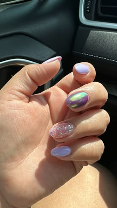 Purple Glitter Chrome Nails, Almond Unicorn Nails, Lavender Oval Acrylic Nails, Gel Polish Short Nails Natural, Lavender Metallic Nails, Irrdesent Nails, Chrome Nails And Glitter, Lavender Chrome Nails Short, Chrome Accent Nail Ideas