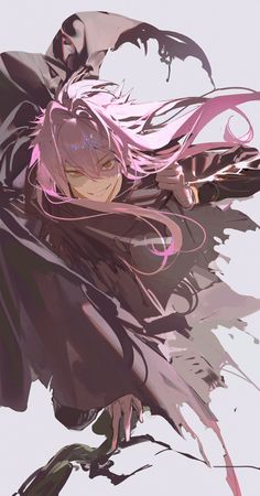 an anime character with pink hair and black clothes, holding her arms behind her back