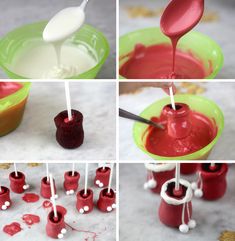 the process for making red and white jellopops is shown in four different pictures