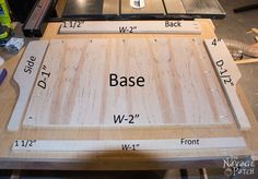 the base for a diy kitchen cabinet is shown with measurements to be cut out