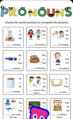 the pronouns worksheet is shown with pictures and words on it