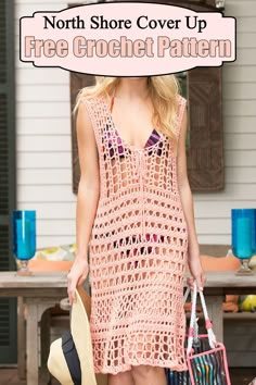 a woman in a pink crochet dress holding two bags