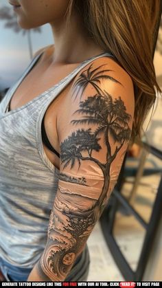 a woman with a palm tree tattoo on her arm and shoulder is looking at the camera