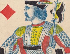 an old playing card with a man holding a flag