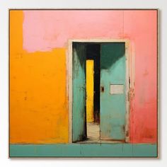 an open door in front of a multicolored wall with yellow and pink paint