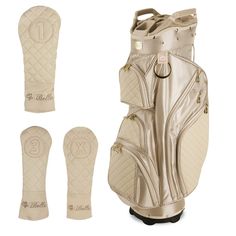 three different types of golf clubs and driver's mitts, all in gold