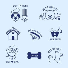 the logos for pet shops and grooming products are shown in blue on a white background