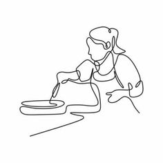 a continuous line drawing of a woman pouring water from a pitcher into a bowl on the floor