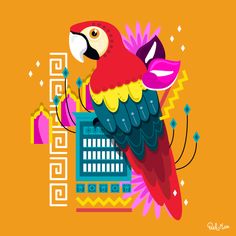 a colorful bird is perched on top of a building with geometric designs around it's neck