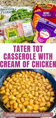 tater tot casserole with cream of chicken in a skillet on the counter