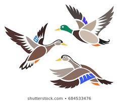 three ducks flying in the air with their wings spread out and one bird has its beak open