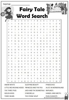 the fairy tale word search is shown in this printable activity sheet for children to learn