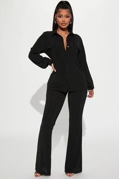 Available In Black. Pant Set Long Sleeve Front Button Closure Collar High Rise Pant Elastic Waistband Flare Leg Stretch 95% Polyester 5% Spandex Imported | Anabella Pant set in Black size 1X by Fashion Nova All Black Baddie Outfit, Church Attire, Vacation Fits, Baddie Outfit, Thermal Pants, Brand Photoshoot, Baddie Fits, Flare Leg Pants, Leg Stretching