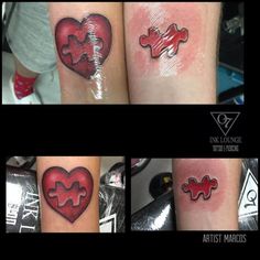 four different tattoos on the arms of people with heart and puzzle pieces tattooed on them