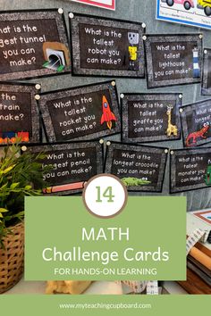 a bulletin board with the words math challenge cards for hands - on learning in front of it