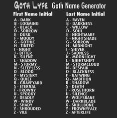 the first name initial list for goth life