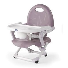 the high chair is purple and white