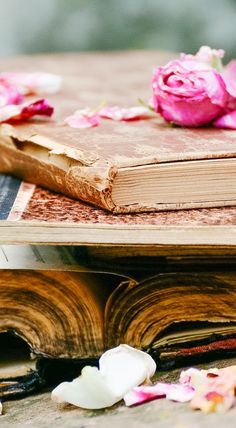 an open book sitting on top of a wooden table next to flowers and petals in front of it