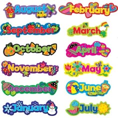 the months of the year stickers are in different colors and sizes, including one for each