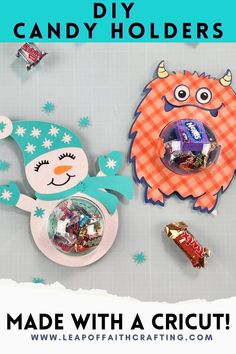 an image of candy holder made with a cricut and paper snowman on it