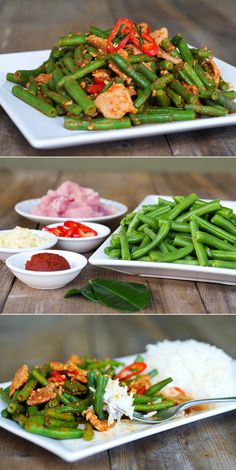 three different plates with food on them