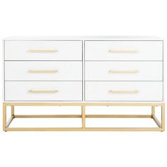 a white dresser with gold handles and drawers on the bottom, against a white background