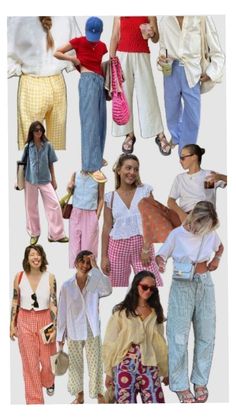 many different types of women's clothing are shown in this collage, including pants and blouses