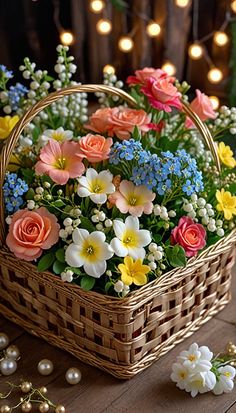 a basket filled with lots of flowers on top of a wooden table next to string lights