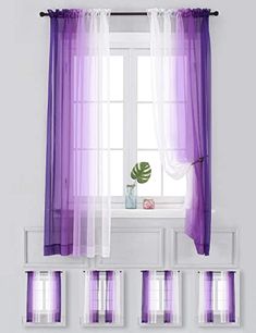 purple curtains hanging in front of a window with potted plant on the windowsill