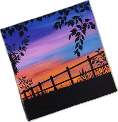 a painting of a fence and trees at sunset